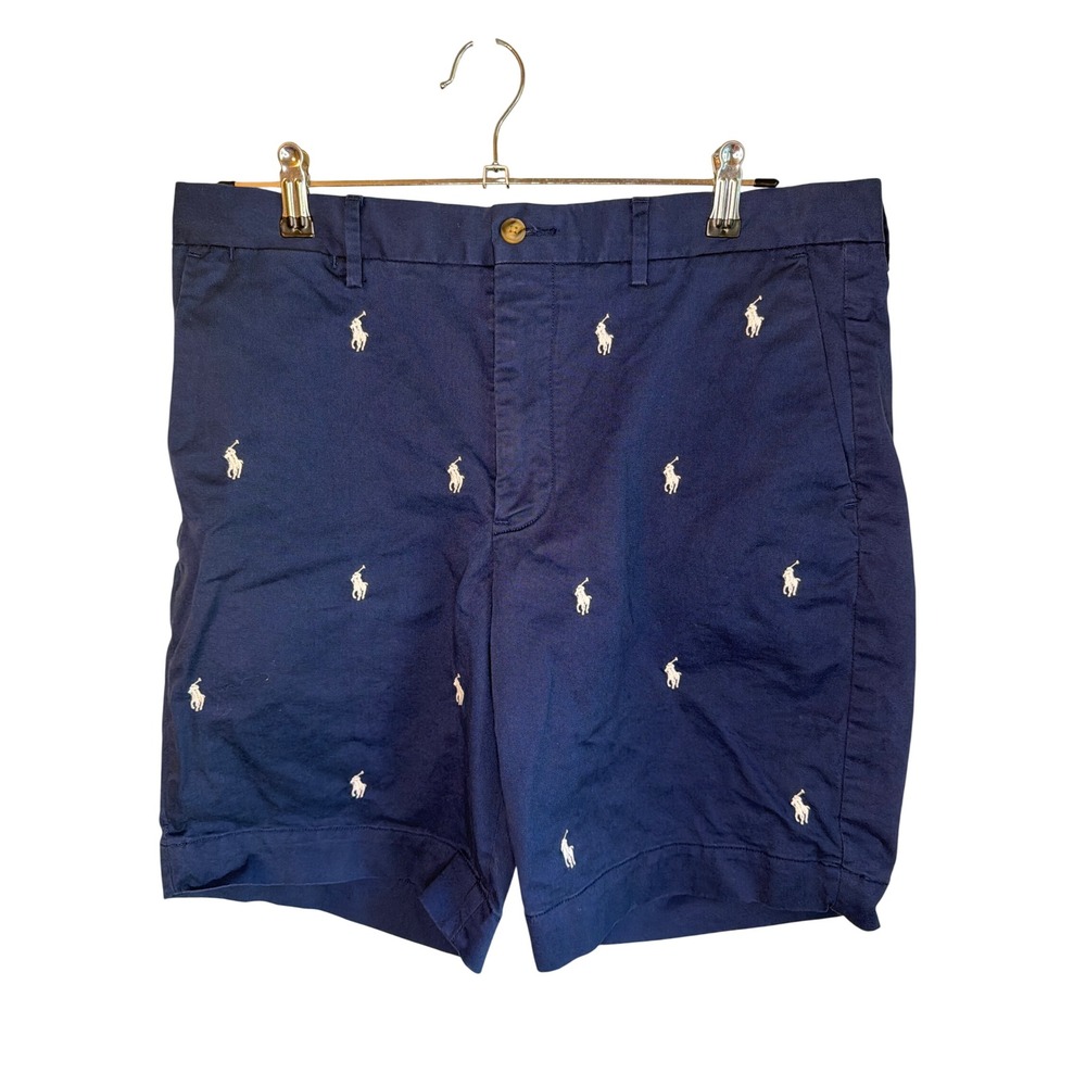 Polo Ralph Lauren Mens Navy Blue All Over Pony Embroidered Chino Shorts Size 33